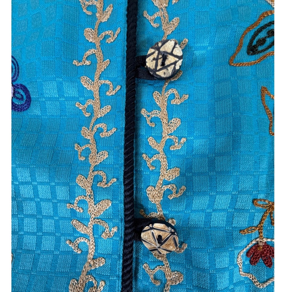 Entice Embroidered Jacket 1X Turquoise Blue Floral Art to Wear Cotton Rayon - Picture 8 of 10